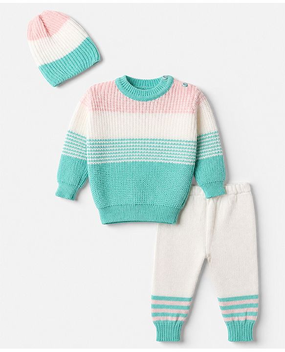 Babyhug Knit Full Sleeves Striped Sweater Set With Beanie & Color Block Design - Blue