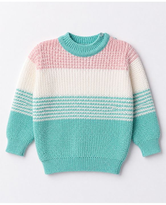 Babyhug Knit Full Sleeves Striped Sweater Set With Beanie & Color Block Design - Blue