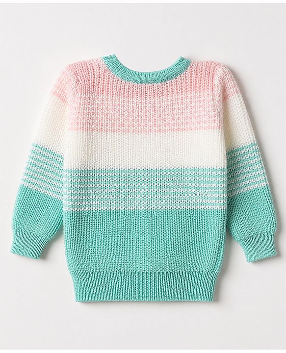 Babyhug Knit Full Sleeves Striped Sweater Set With Beanie & Color Block Design - Blue