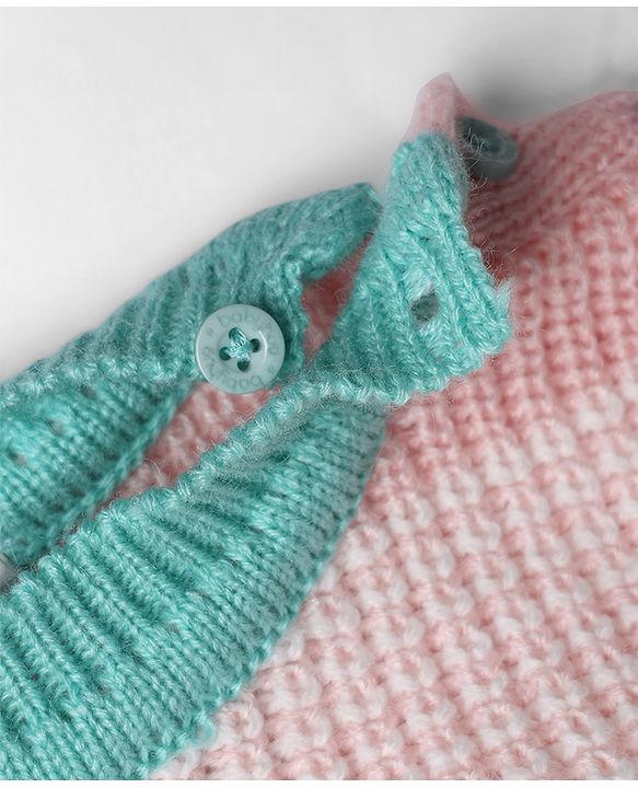 Babyhug Knit Full Sleeves Striped Sweater Set With Beanie & Color Block Design - Blue