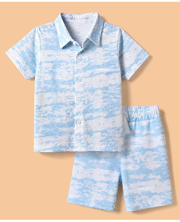Babyhug Single Jersey Cotton Knit Half Sleeves Printed Shirt and Shorts Co-Ords Set - Light Blue