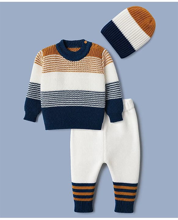 Babyhug Knit Sweater Set with Full Sleeves and Stripes Design in Royal Blue