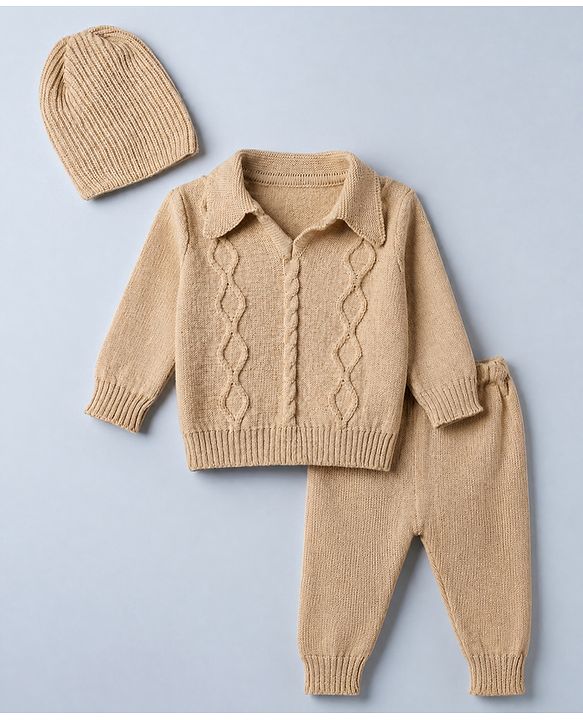 Babyhug Cable Knit Full Sleeves Sweater Set With Beanie Cap - Beige
