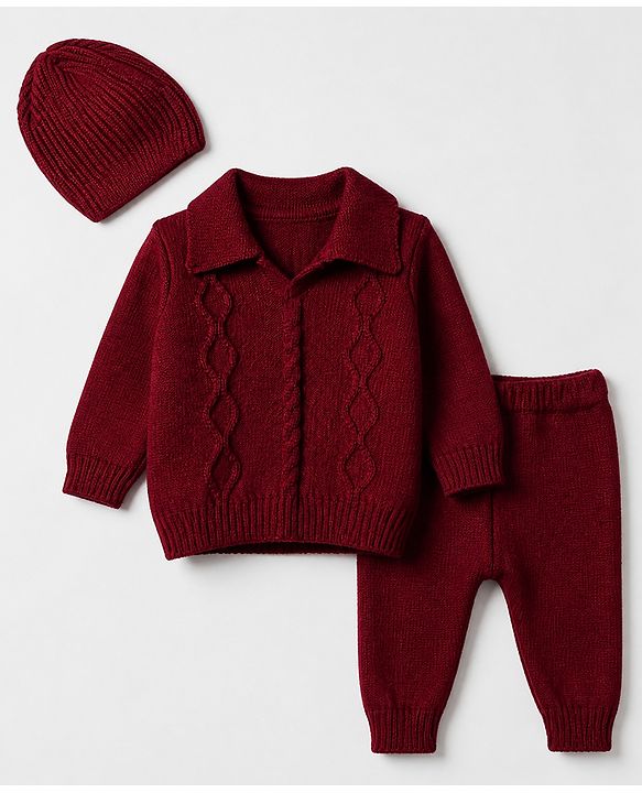 Babyhug Cable Knit Full Sleeves Sweater Set With Beanie Cap - Maroon