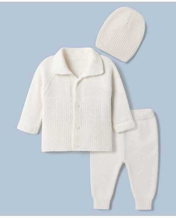 Babyhug Knit Solid Sweater Set in White