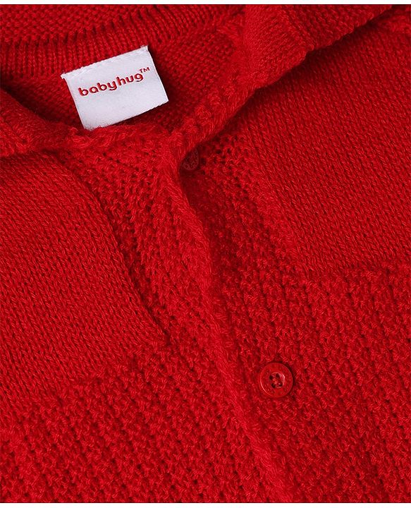 Babyhug Knit Full Raglan Sleeves Front Open Collared Sweater Set and Cap with - Red
