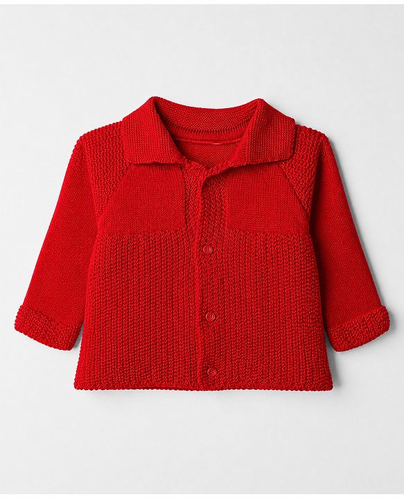 Babyhug Knit Full Raglan Sleeves Front Open Collared Sweater Set and Cap with - Red