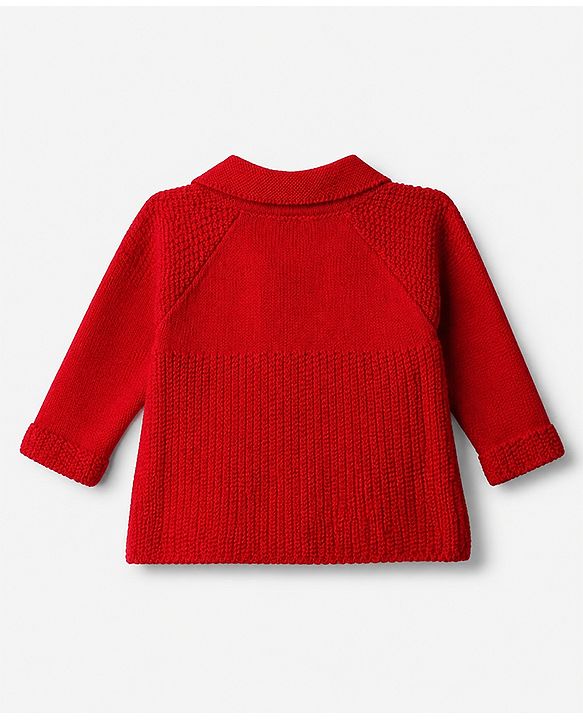 Babyhug Knit Full Raglan Sleeves Front Open Collared Sweater Set and Cap with - Red