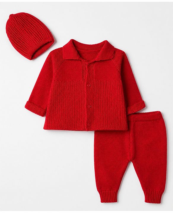 Babyhug Knit Full Raglan Sleeves Front Open Collared Sweater Set and Cap with - Red