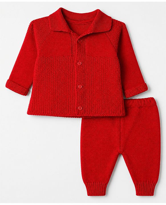 Babyhug Knit Full Raglan Sleeves Front Open Collared Sweater Set and Cap with - Red
