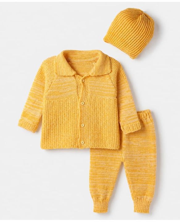 Babyhug Knit Front Open Sweater and Pant with Hat in Yellow