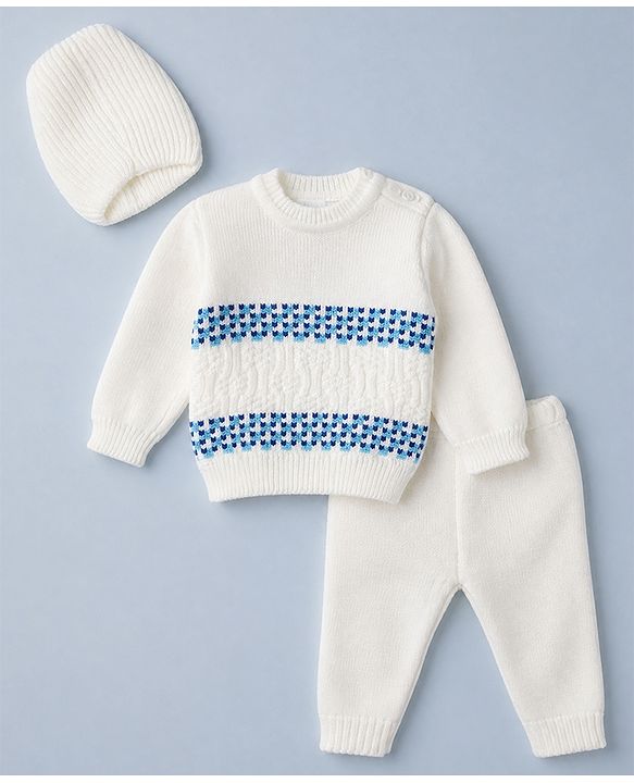 Babyhug Knit Full Sleeves Striped Sweater Set With Headband & Geometric Design - White