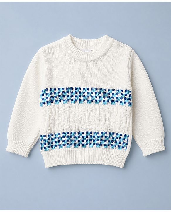 Babyhug Knit Full Sleeves Striped Sweater Set With Headband & Geometric Design - White