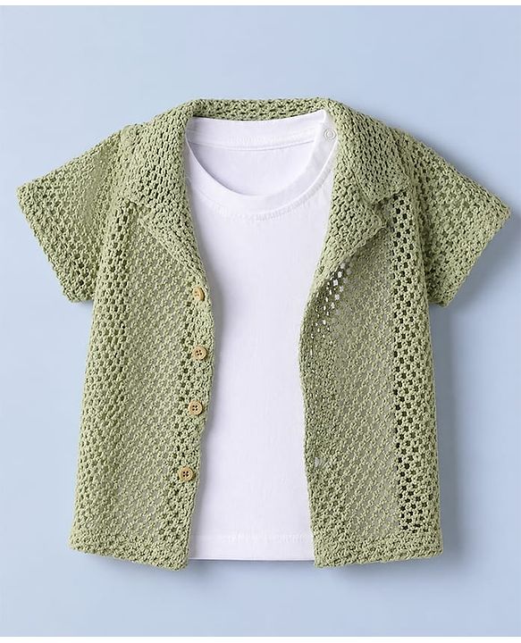 Babyhug 100% Cotton Woven Solid Crochet Shirt with T-Shirt Half Sleeves in Green