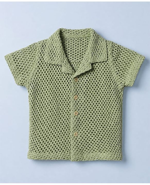Babyhug 100% Cotton Woven Solid Crochet Shirt with T-Shirt Half Sleeves in Green