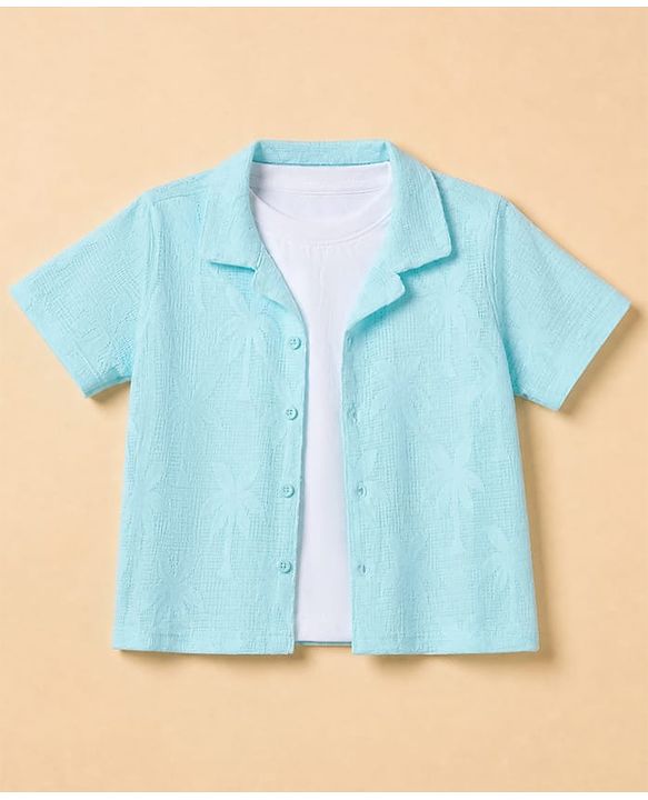 Babyhug 100% Cotton Woven Solid Crochet Shirt and T-Shirt with Half Sleeves and Palm Trees Print in Blue
