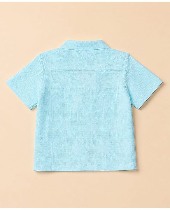 Babyhug 100% Cotton Woven Solid Crochet Shirt and T-Shirt with Half Sleeves and Palm Trees Print in Blue
