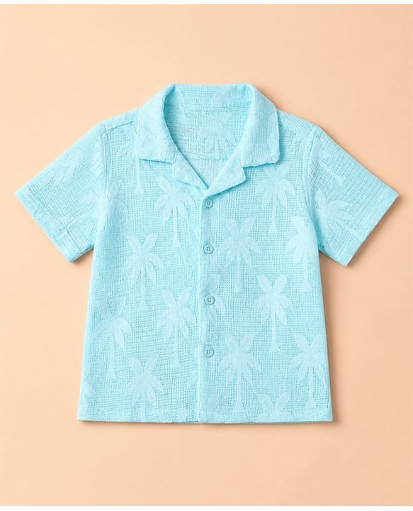 Babyhug 100% Cotton Woven Solid Crochet Shirt and T-Shirt with Half Sleeves and Palm Trees Print in Blue