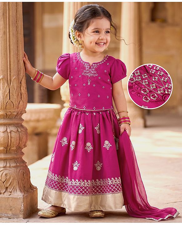 Babyhug Cotton Woven Half Sleeves Choli & Lehenga Set With Dupatta & Floral Embroidery - Pink