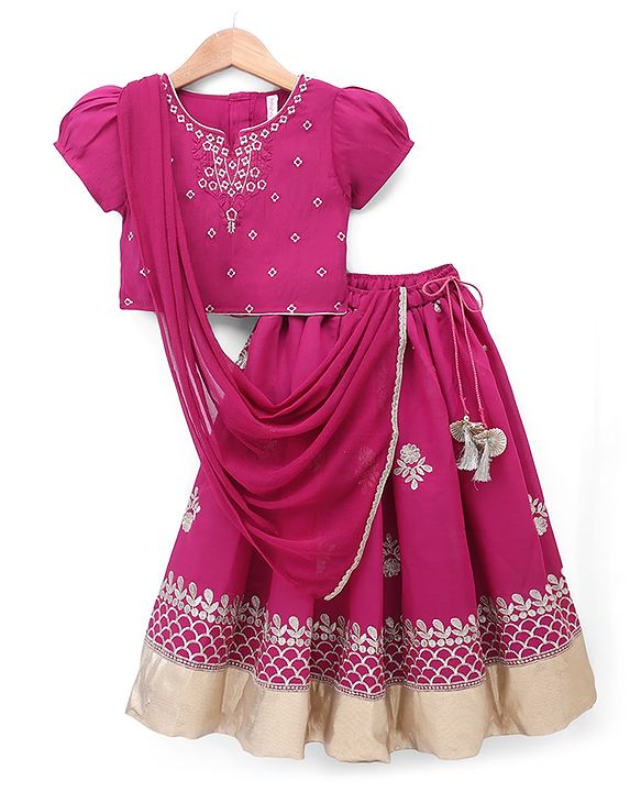 Babyhug Cotton Woven Half Sleeves Choli & Lehenga Set With Dupatta & Floral Embroidery - Pink