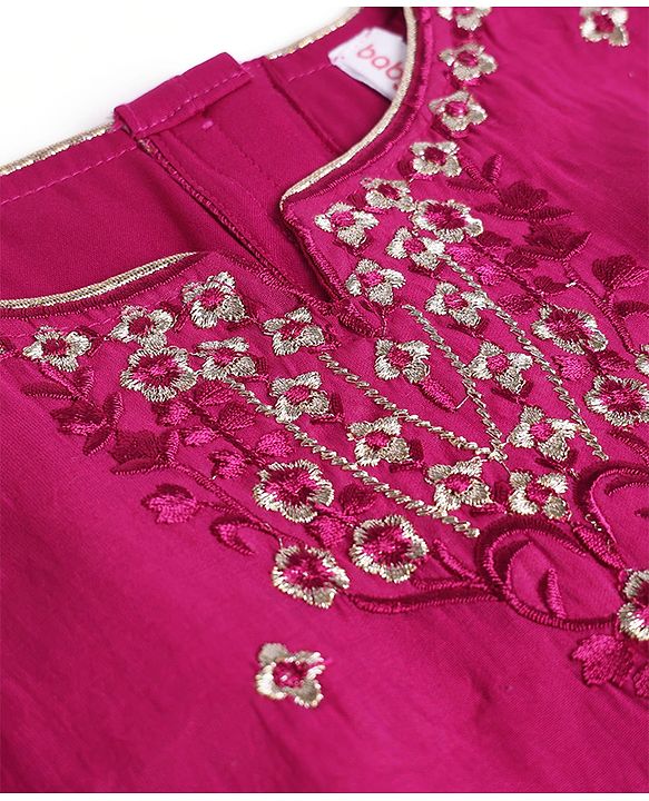 Babyhug Cotton Woven Half Sleeves Choli & Lehenga Set With Dupatta & Floral Embroidery - Pink