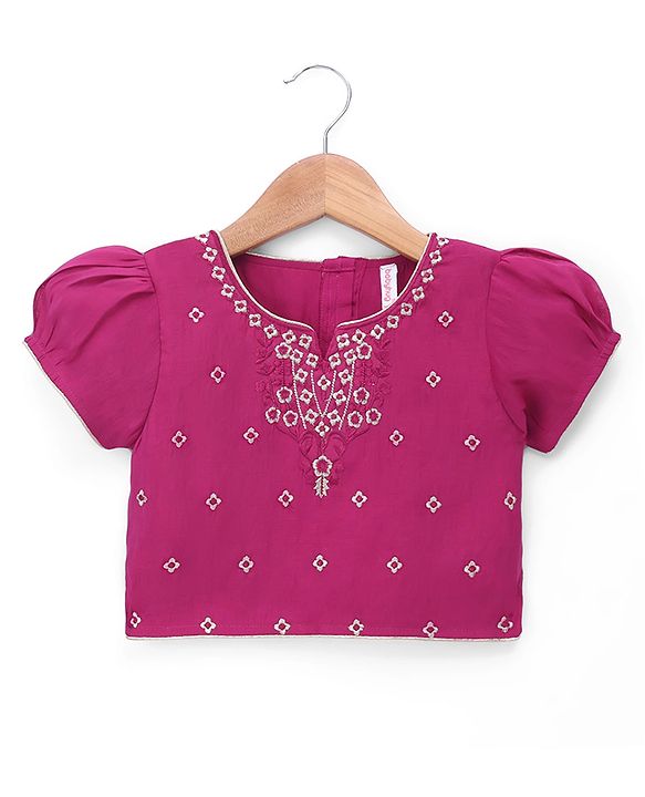 Babyhug Cotton Woven Half Sleeves Choli & Lehenga Set With Dupatta & Floral Embroidery - Pink