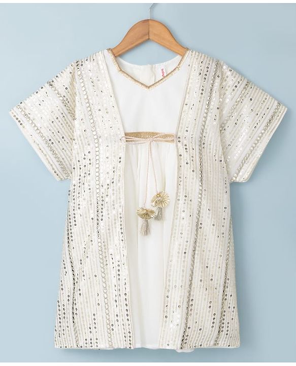 Babyhug Woven Fit & Flared Ethnic Dress and Jacket with Half Sleeves and Striped Georgett Embroidered Sequins - Off White