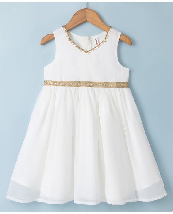 Babyhug Woven Fit & Flared Ethnic Dress and Jacket with Half Sleeves and Striped Georgett Embroidered Sequins - Off White