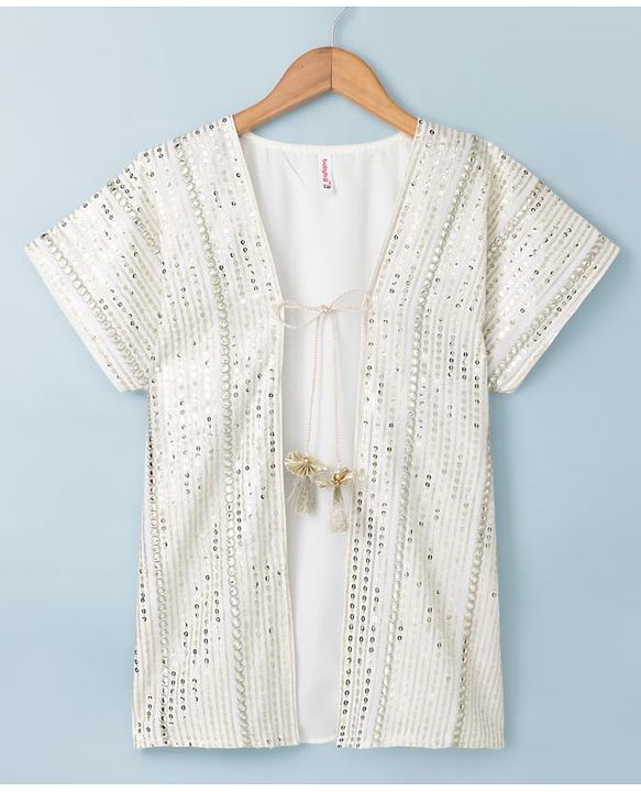 Babyhug Woven Fit & Flared Ethnic Dress and Jacket with Half Sleeves and Striped Georgett Embroidered Sequins - Off White