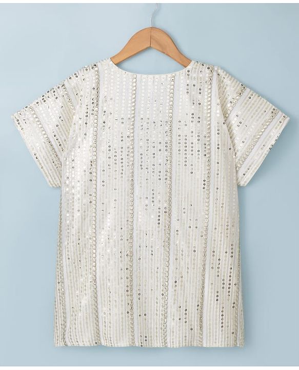 Babyhug Woven Fit & Flared Ethnic Dress and Jacket with Half Sleeves and Striped Georgett Embroidered Sequins - Off White