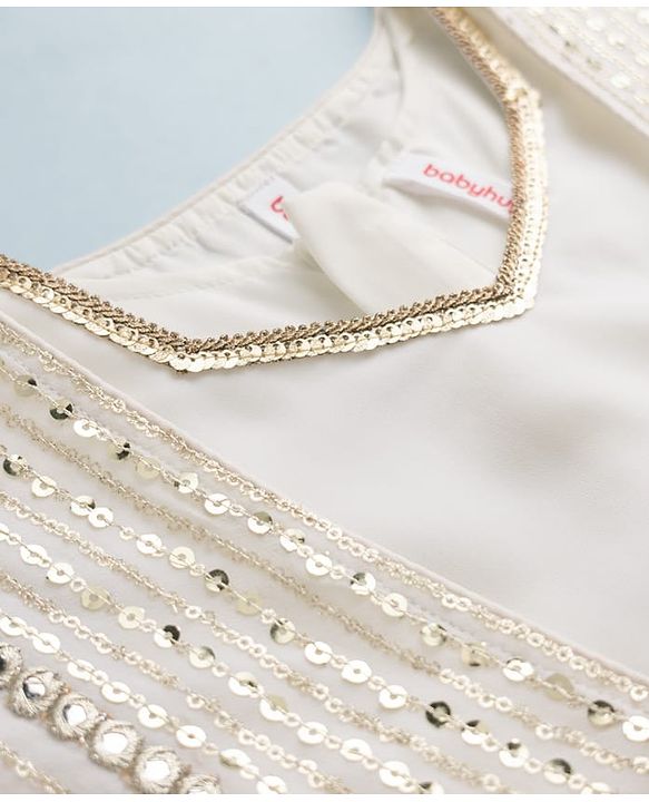 Babyhug Woven Fit & Flared Ethnic Dress and Jacket with Half Sleeves and Striped Georgett Embroidered Sequins - Off White