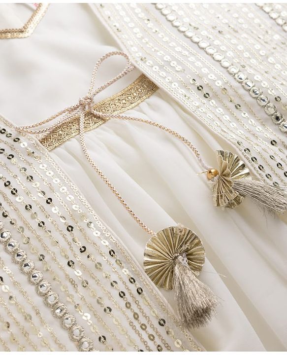 Babyhug Woven Fit & Flared Ethnic Dress and Jacket with Half Sleeves and Striped Georgett Embroidered Sequins - Off White