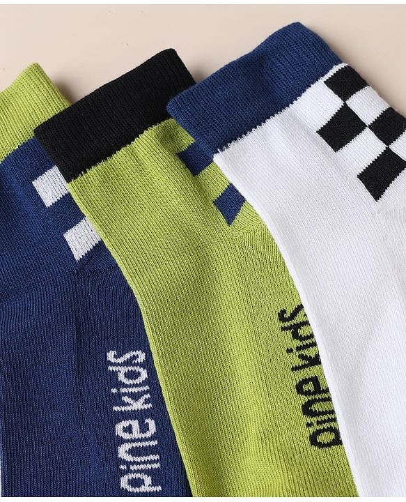 Pine Kids Cotton Blend Knit Ankle Length Socks With Text Design Pack of 3 - White Blue Green