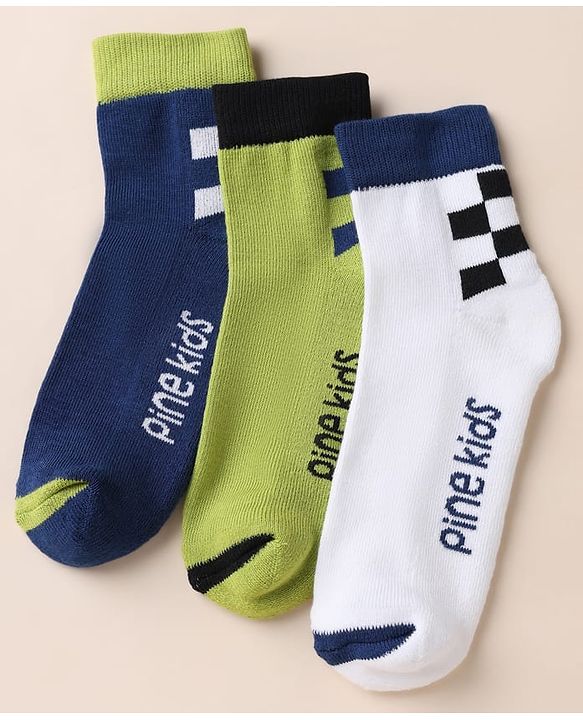 Pine Kids Cotton Blend Knit Ankle Length Socks With Text Design Pack of 3 - White Blue Green