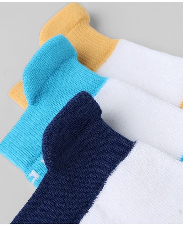 Pine Kids Cotton Knit Ankle Length Socks With Geometric Print Pack of 3 - Navy Blue & Yellow
