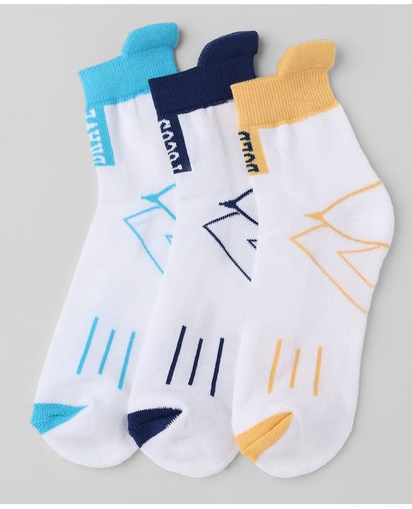 Pine Kids Cotton Knit Ankle Length Socks With Geometric Print Pack of 3 - Navy Blue & Yellow