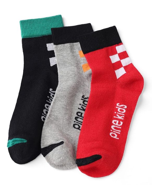 Pine Kids Cotton Knit Ankle Length Socks With Text Design Pack of 3 in Red Black Grey