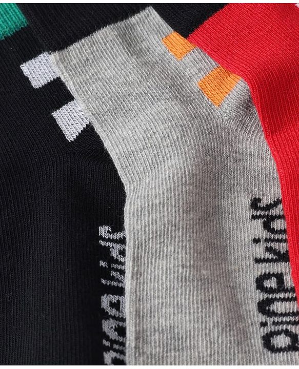 Pine Kids Cotton Knit Ankle Length Socks With Text Design Pack of 3 in Red Black Grey