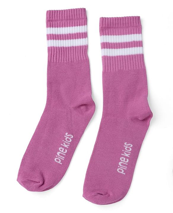 Pine Kids Cotton Knit Mid Calf length Striped Socks Pack of 5 - White Pink Blue Green & Plum