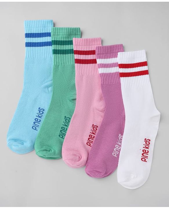 Pine Kids Cotton Knit Mid Calf length Striped Socks Pack of 5 - White Pink Blue Green & Plum