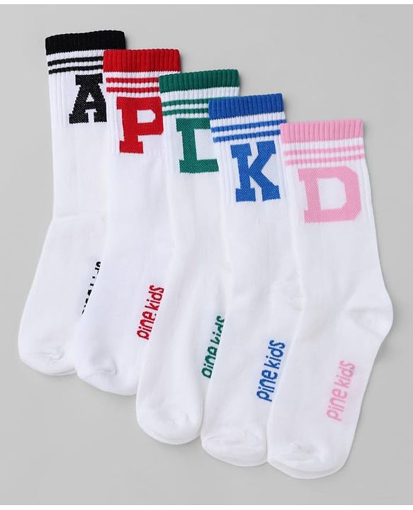 Pine Kids Cotton Knit Mid Calf Length Socks With Pine Kids Text Design Pack Of 5 - Black Blue Pink Green & Red