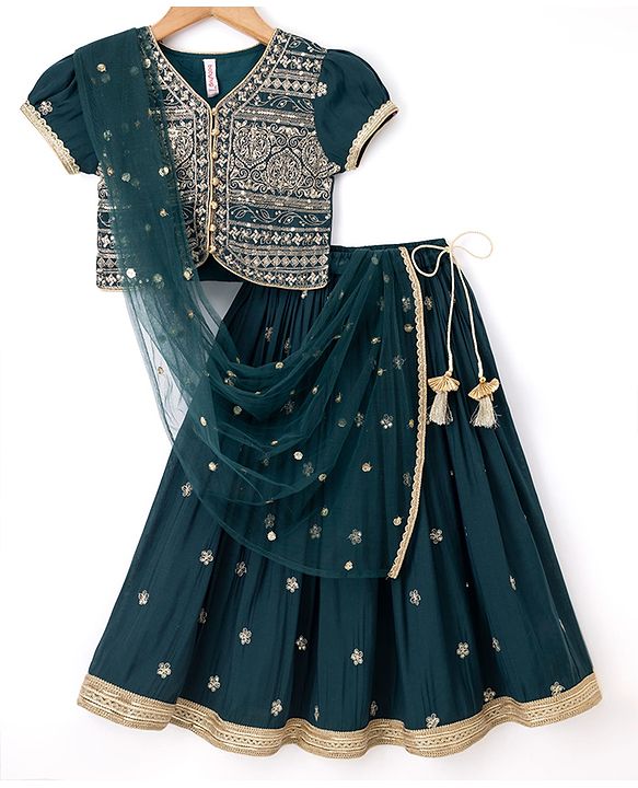 Babyhug Chiffon Woven Half Sleeves Floral Embroidered Choli & Lehenga Set With Dupatta - Navy Blue