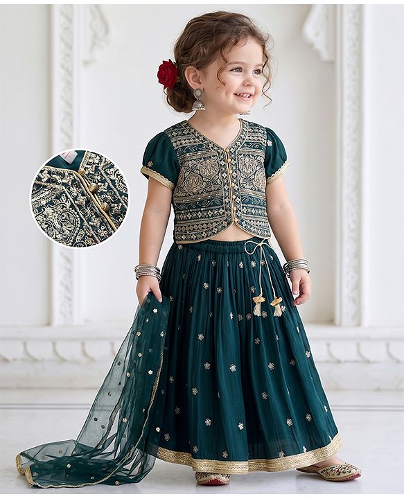 Babyhug Chiffon Woven Half Sleeves Floral Embroidered Choli & Lehenga Set With Dupatta - Navy Blue