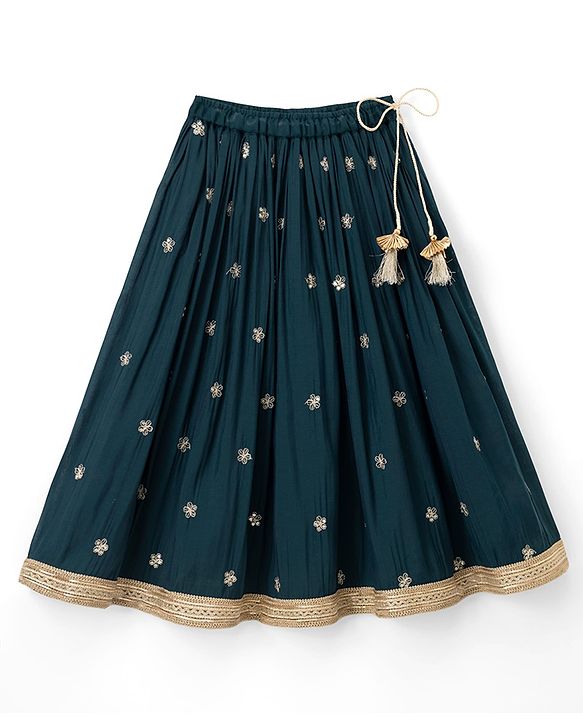 Babyhug Chiffon Woven Half Sleeves Floral Embroidered Choli & Lehenga Set With Dupatta - Navy Blue
