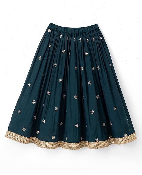 Babyhug Chiffon Woven Half Sleeves Floral Embroidered Choli & Lehenga Set With Dupatta - Navy Blue
