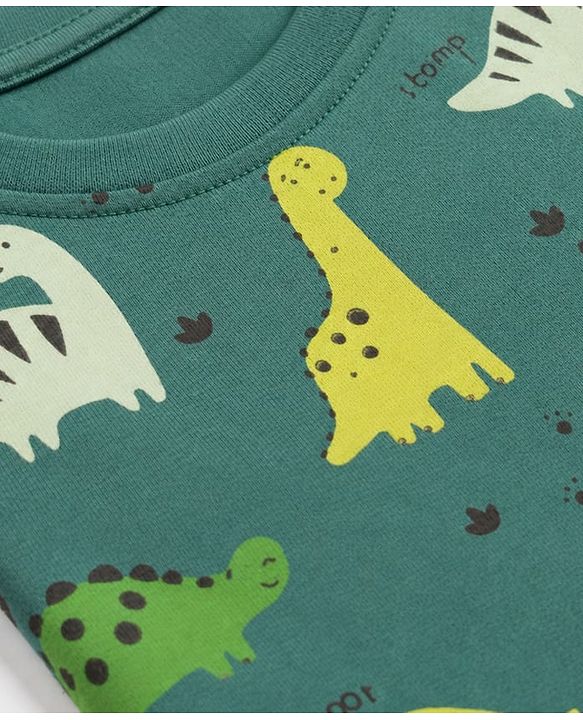 Babyhug 100% Cotton Knit Full Sleeves Co-Ords T-Shirt & Pyjama Night Suit with Dinosaur Print - Green