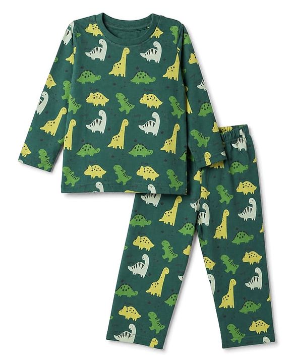 Babyhug 100% Cotton Knit Full Sleeves Co-Ords T-Shirt & Pyjama Night Suit with Dinosaur Print - Green