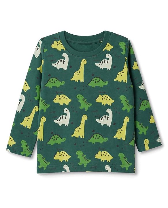 Babyhug 100% Cotton Knit Full Sleeves Co-Ords T-Shirt & Pyjama Night Suit with Dinosaur Print - Green