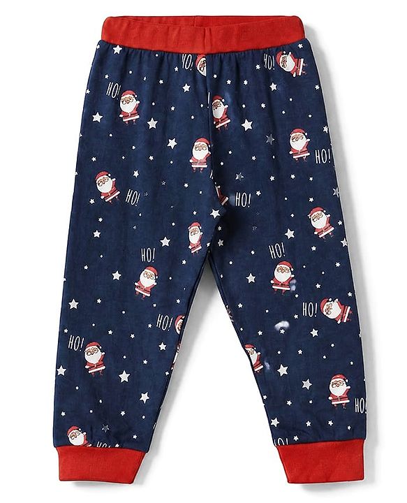 Babyhug 100% Cotton Knit Full Sleeves T-Shirt & Pyjama Night Suit with Santa clause Print - Navy Blue
