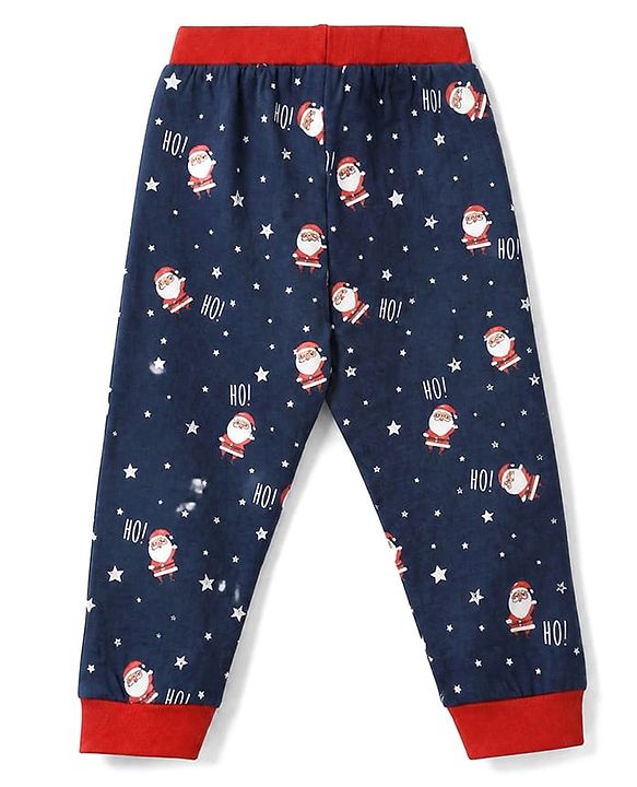 Babyhug 100% Cotton Knit Full Sleeves T-Shirt & Pyjama Night Suit with Santa clause Print - Navy Blue
